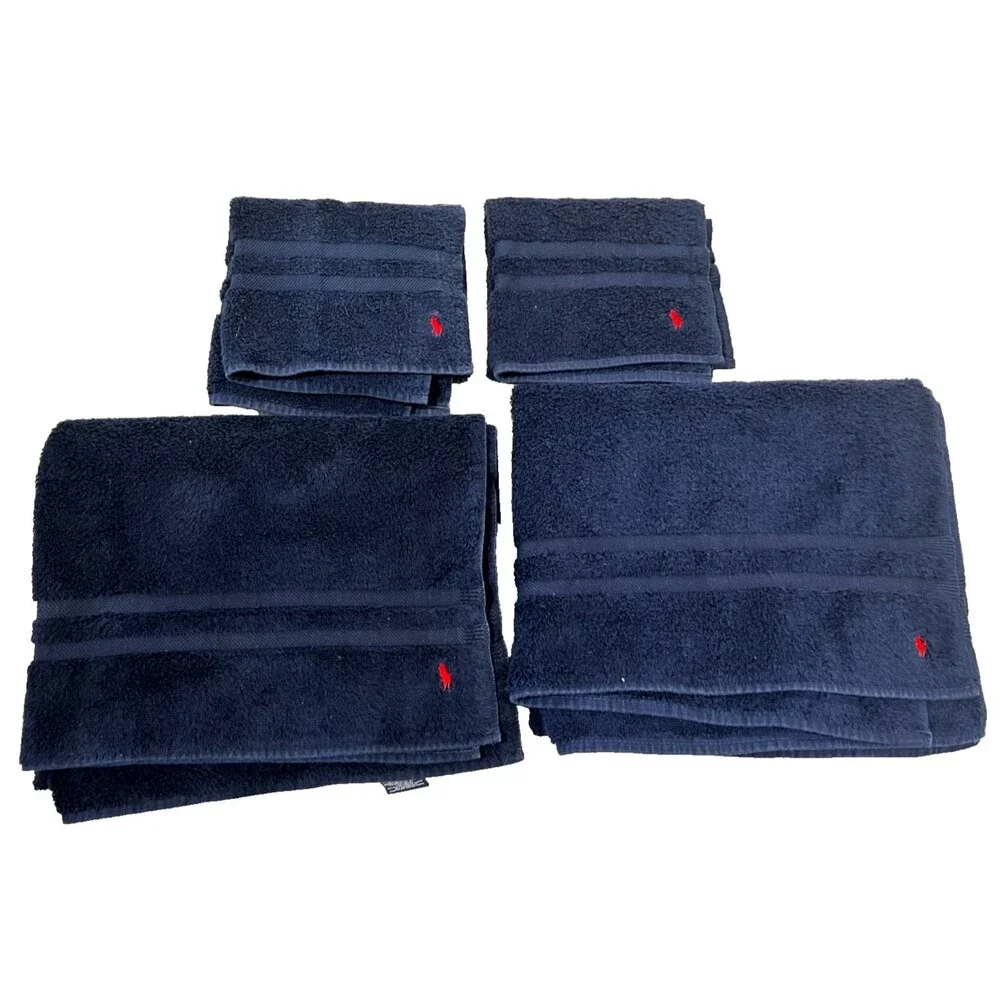 Vtg RALPH LAUREN Towel Set 2 Bath 2 Hand USA Made Navy Blue Red Pony 100% Cotton